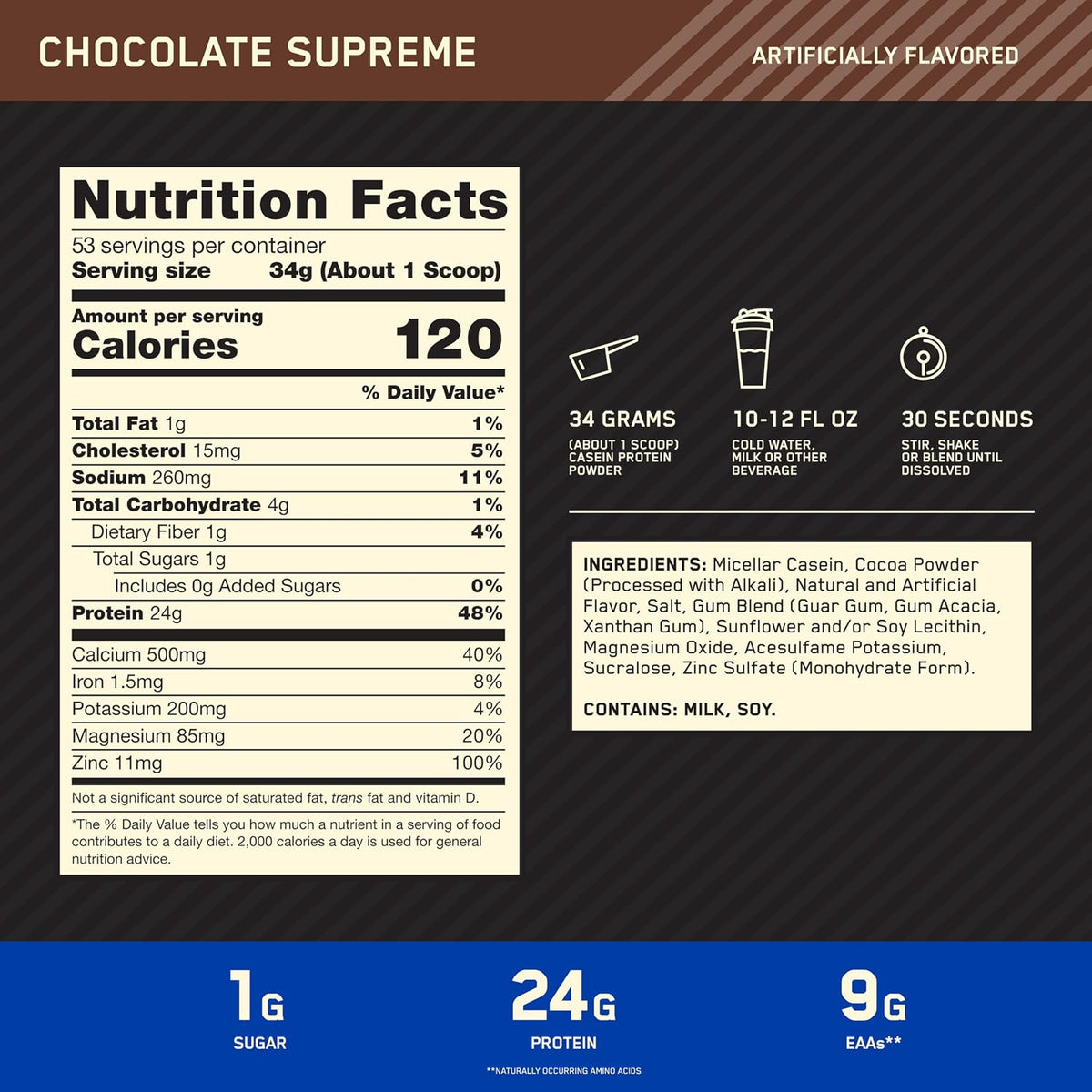 Optimum Nutrition Gold Standard Casein Protein Powder Chocolate Supreme 4LB