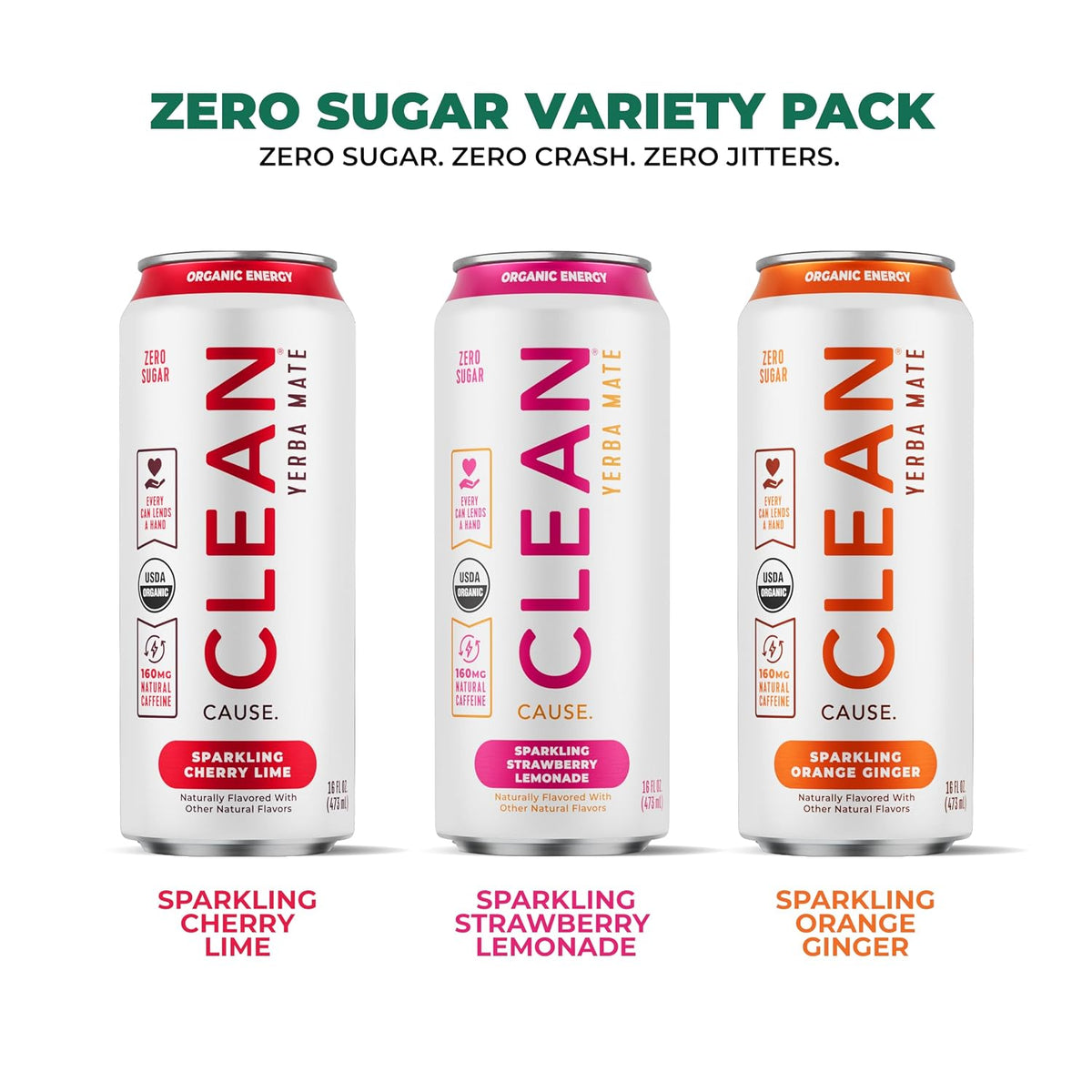 CLEAN Cause Zero Sugar Yerba Mate Organic Energy Variety Pack, 12 Pack 16oz