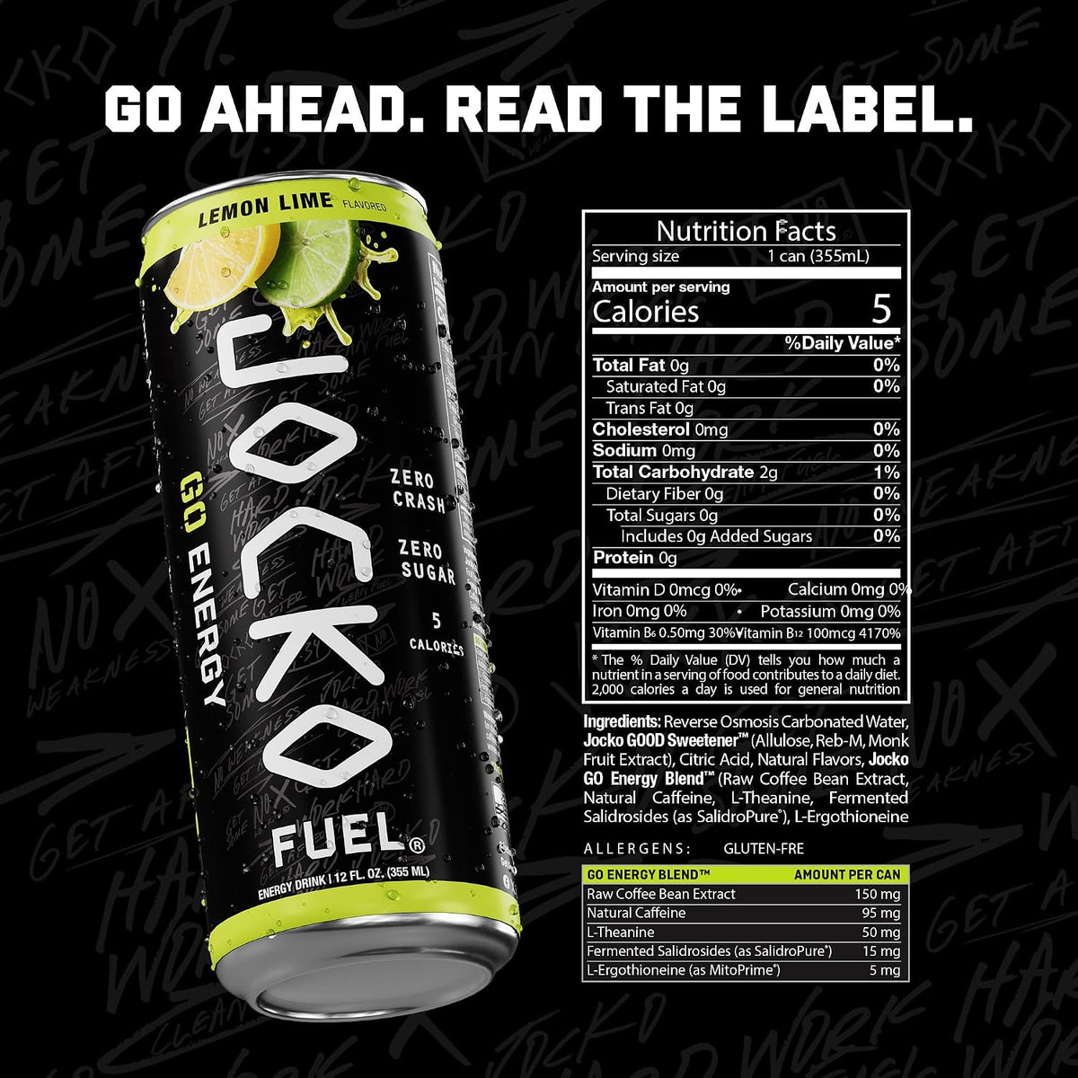 Jocko Fuel GO Energy Drinks, Lemon Lime, 12 oz | 12 Pack