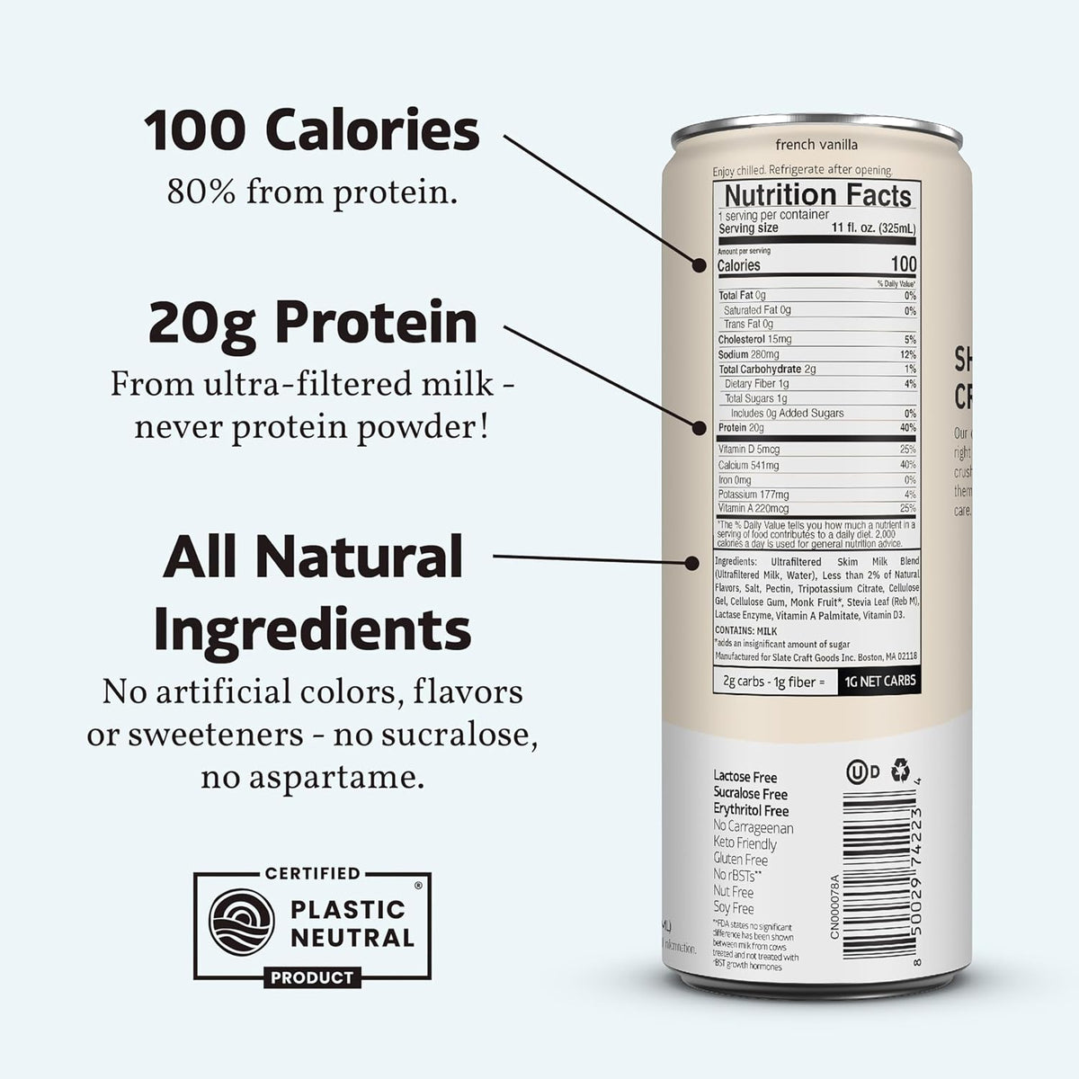 Slate Milk - High Protein Milk Shake - French Vanilla - Lactose Free, 20g Protein, 1g Sugar, 100 Calories, 1g Net Carbs, No Added Sugar - Natural, Breakfast Boost, Post Workout - 11 fl oz, 12 Cans